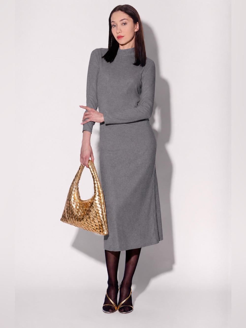 Walter Baker Gray Rib Knit Mock Neck Midi Dress Silk Blend NWT Size M